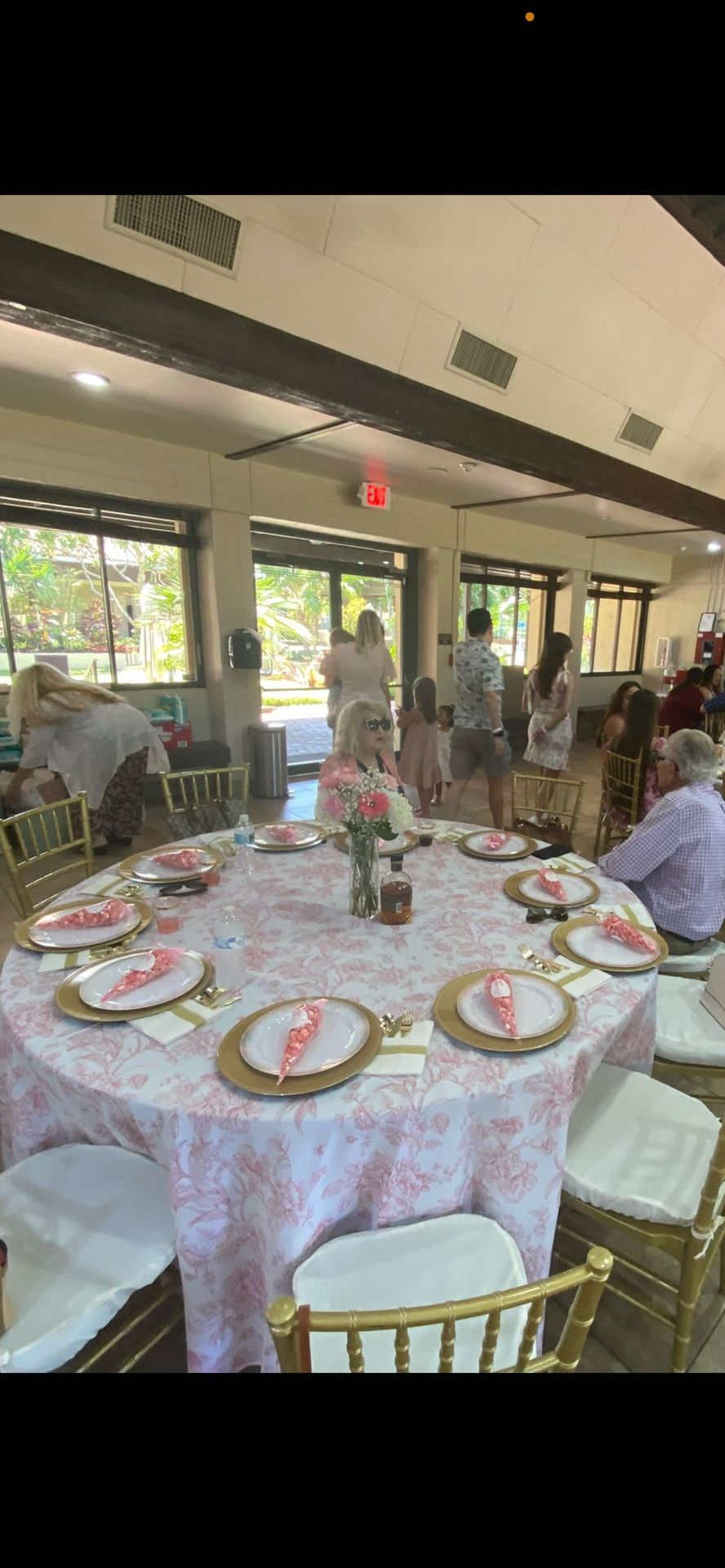 Polyester 132" Round Tablecloth White - Pink French Toile Pattern