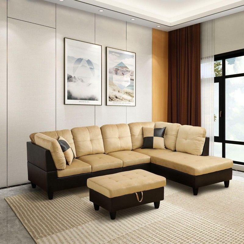 Cream synthetic leather sectional sofa family living space footrest set furniture sales