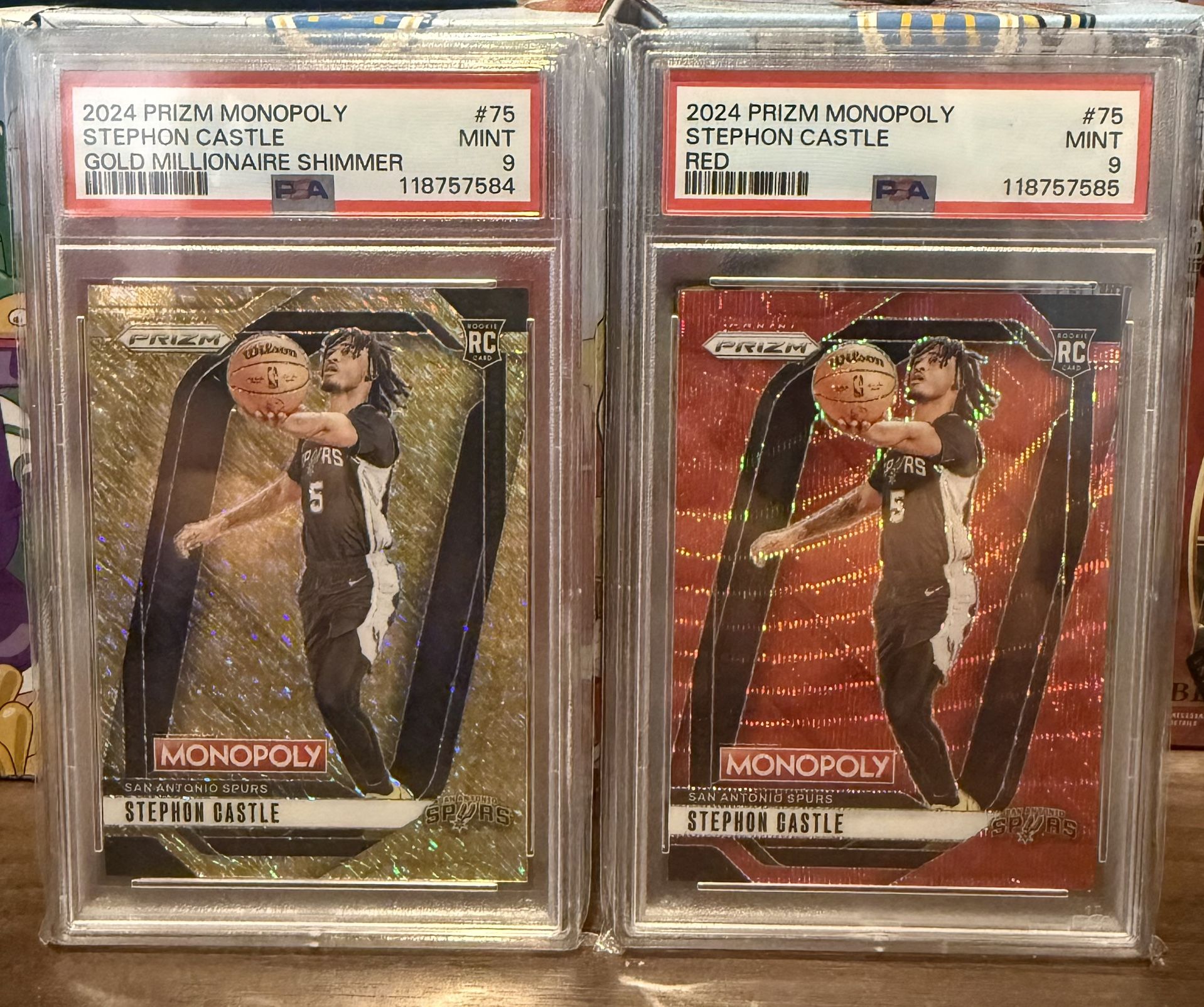 PSA 9 MT Stephon Castle 2024-25 Panini Prizm Monopoly #75 Gold Shimmer /500 and Red Rookie RC Spurs