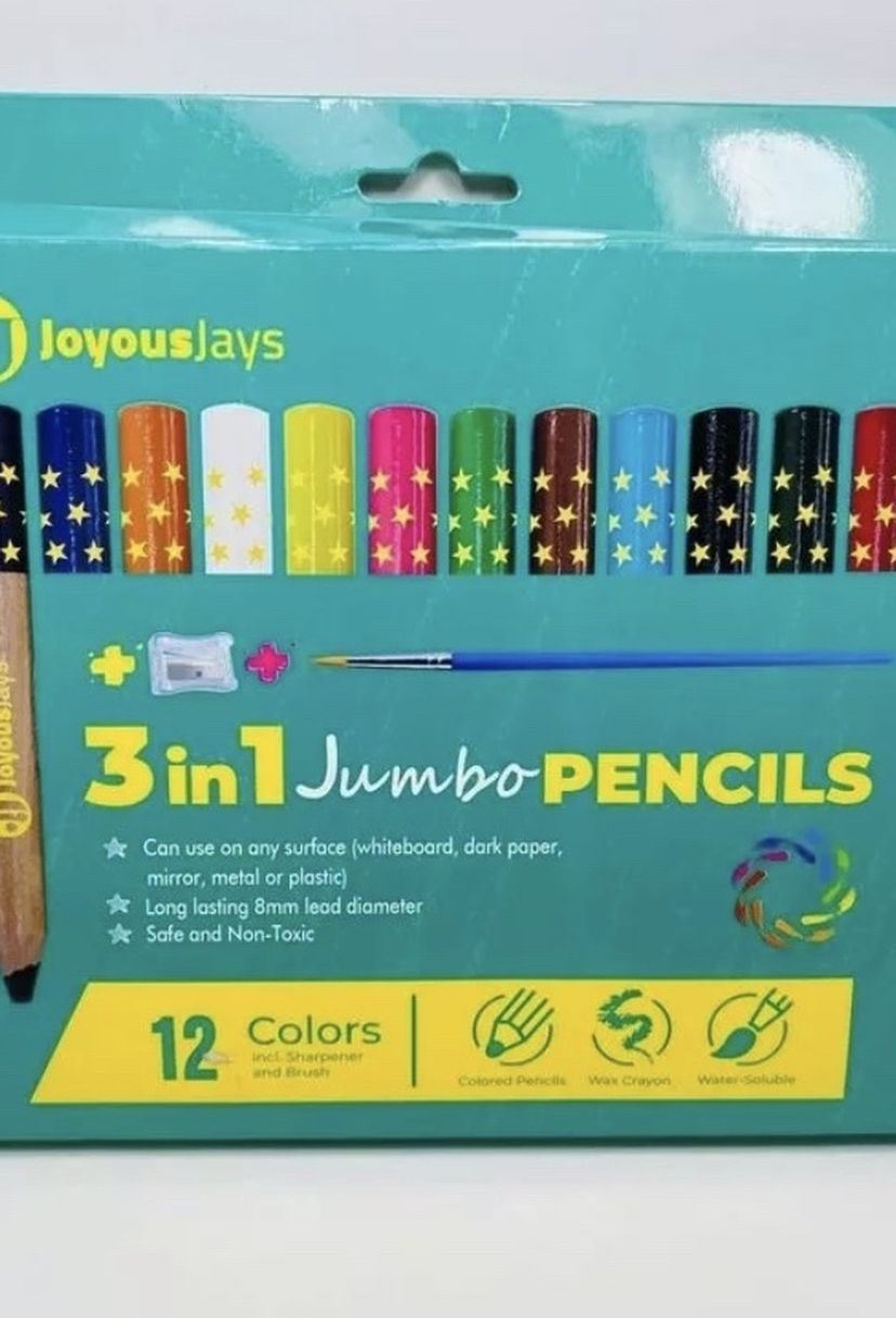 JoyousJays 3-in-1 Jumbo Colored Pencils For Kids (Ages 3+) - 12-Color Pack