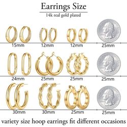 9 Pairs 14K Gold Plated Twisted Chunky Huggie Hoop Earrings Set for Women Trendy Hypoallergenic Thick Lightweight Fashion Accessories Jewelry Birthday
