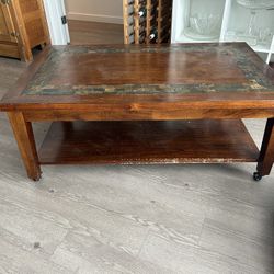 Antique Solid Wood Coffee Table With Wheels