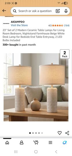 23" Set of 2 Modern Ceramic Table Lamps for Living Room Bedroom, Nightstand Farmhouse Beige White Desk Lamp for Bedside End Table Entryway, 2 LED Bulb