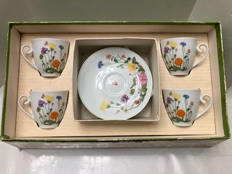Denby Wonderland Fine China Espresso 3.5oz Demitasse Cup Saucer Set of 4 Portugal New