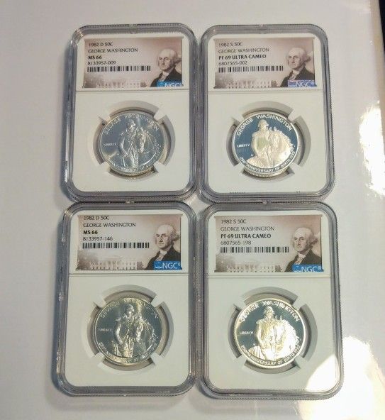 LOT OF (4) CERTIFIED GEORGE WASHINGTON HALF DOLLAR SILVER COINS 1982D- 1982S NICE TO COLLECT