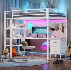 White platform Bed w/desk