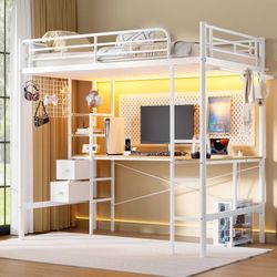 Twin Metal Loft Bed with L-Shaped Desk, Loft Bed Frame with Charging Station, Storage Bed with 2 Drawers & Open Shelf, Safety Guard & Ladder