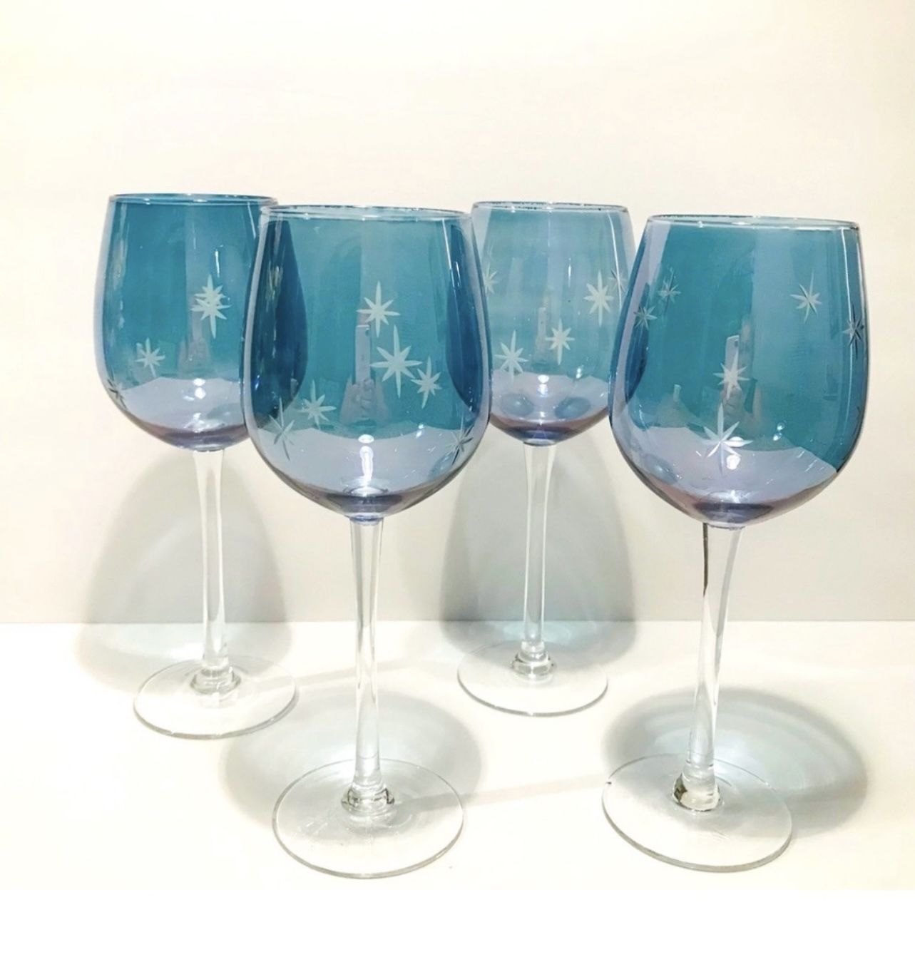 Vintage Blue Iridescent Etched Starburst Set of 4 Wine Glasses 9.25”