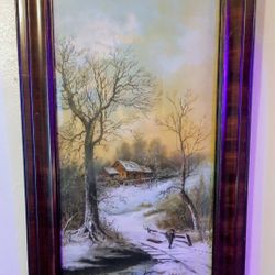 Early 1900s Lithograph Framed Print Winter Scene