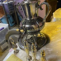 Silver Water dispenser, Salt Shakers 
