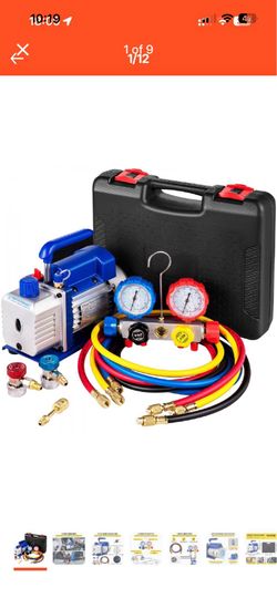 HVAC Vacuum Pump 4.8CFM 1/3 HP Refrigeration Kit - AC Manifold Gauge Set R410A R134A R22 - 4 Way Hose & Vacuum Pump for Air Conditioning Systems