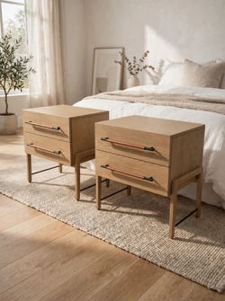 Pair of Mid-Century Modern Nightstands - Light White Oak + Leather Handles - New