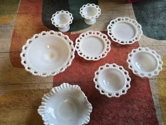 Vintage Mid-Century 8-Piece Fenton Milk Glass Lace Edge Set - Boise