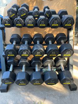 5-50lb ziva rubber dumbbell set with rack
