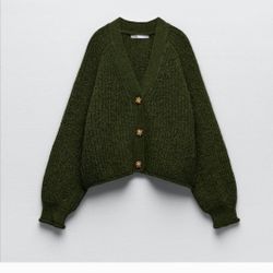 Zara Moss Green Button-Up Cardigan | Zara Purl Knit Jacket - Size S