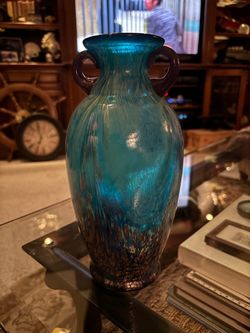 Dale Tiffany Teal Art Glass Vase with Double Handles