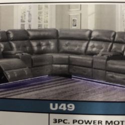 3  Pc Grey Leather Powered Sectional 