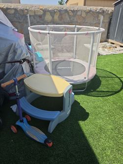 Trampoline ,electric car,picnic table,scooter