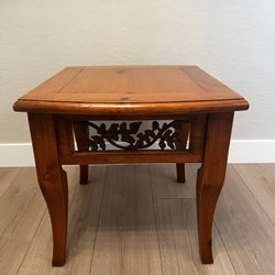 Antique Solid Wood Maple Oak Side Table With Ornate Leaf Metal Inserts and Flared Legs