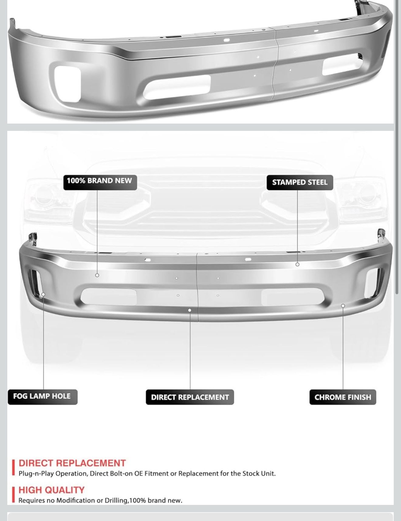 New in box DNA MOTORING Front Bumper Compatible with 14-18 Ram 1500/19-23 Ram 1500 Classic,w/o Parking Sensor Holes,W/Fog Light Cutouts,Chrome,BUMP-F-