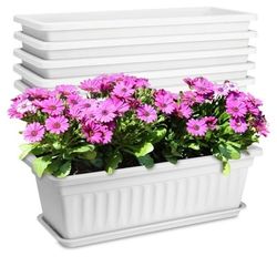 6 Packs Window Box Planter, 17 Inches Flower Window Box Rectangular Plastic Vegetable Planters with Trays for Windowsill, Patio, Garden, Balcony, Por