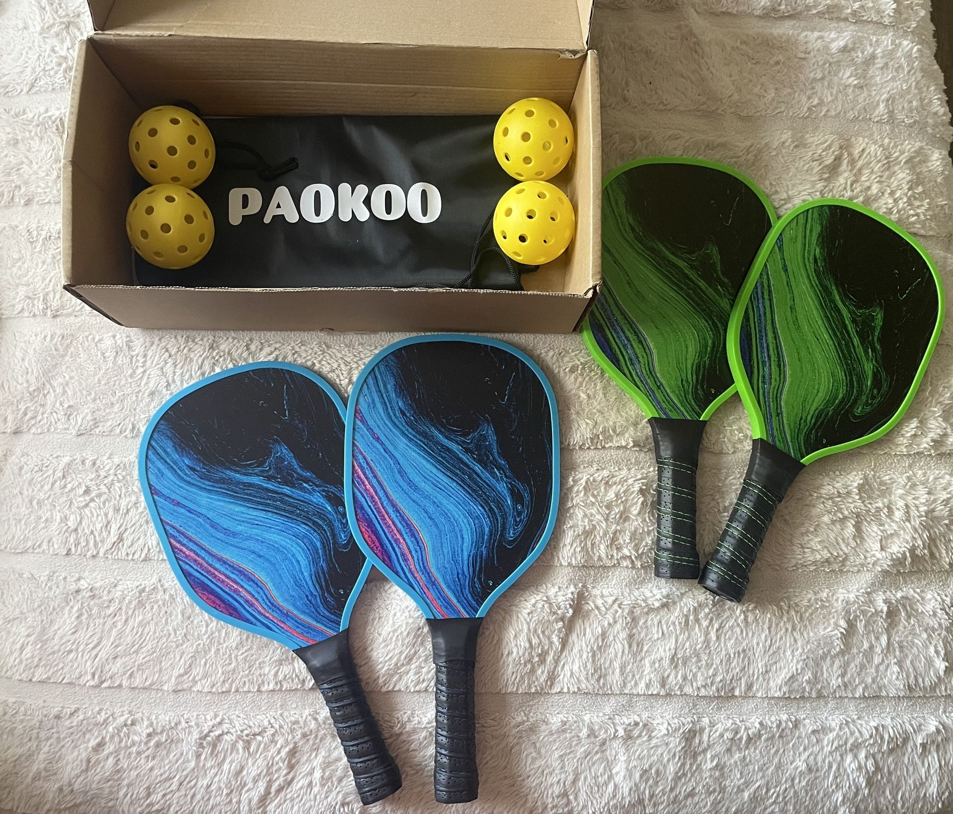 Paokoo Pickleball Paddles Set of 4, Wooden Rackets with Cushion Grip, Indoor & Outdoor, 4 Balls & 1
