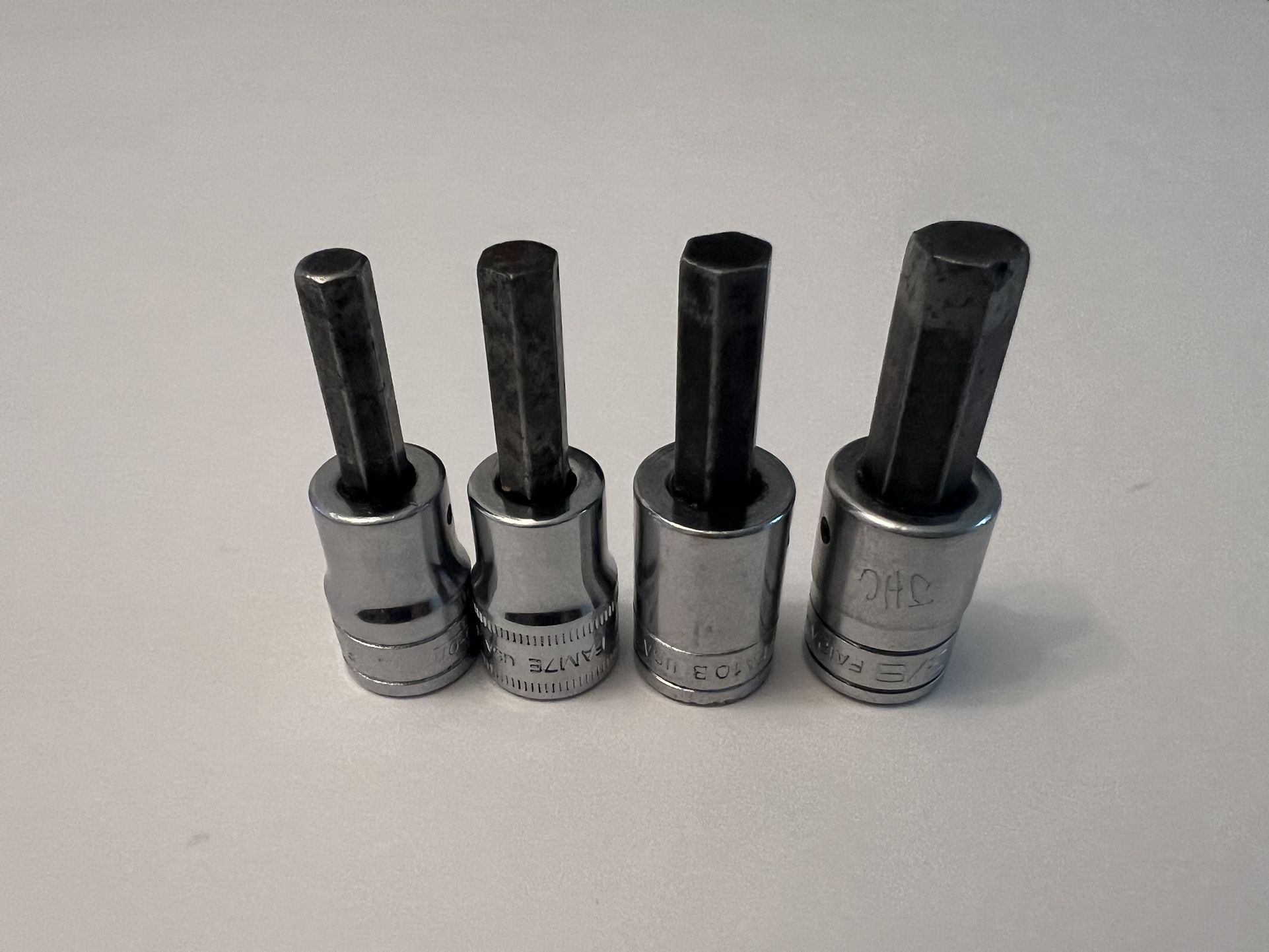 Lot of 4 Snap-on 3/8" Drive Allen Hex Bit Socket Drivers FAM7E, FA8A, FA12A, FA10B.