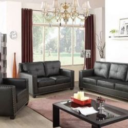 Black Leather Three Piece Couch Set