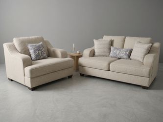 Clean Beige Sofa & Armchair Set with Decorative Pillows - Excellent Condition