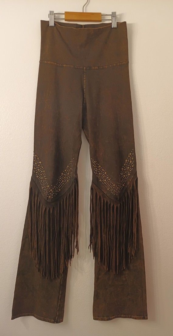 T Party Mineral Wash Brown Studded Fringe Wide Leg Pants Size S