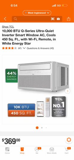 TCL 10,000 BTU Q-Series Ultra-Quiet Inverter Smart Window AC, Cools 450 Sq. Ft., with Wi-Fi, Remote, in White Energy Star