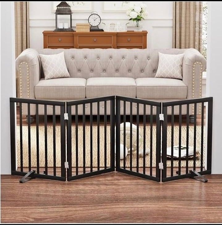 Black 37-74" 4 panels Foldable Dog Gates for Doorways Stairs House Freestanding Pet Gate, 24"