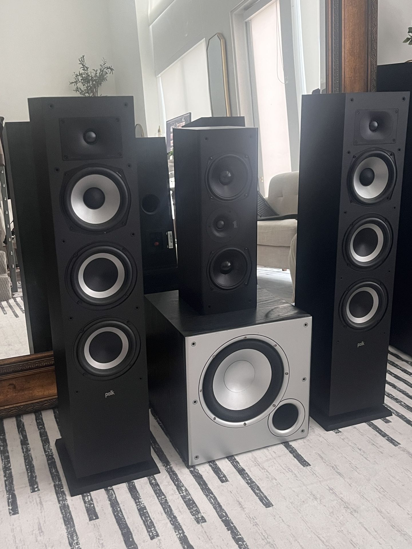 Polk TX60 Towers Speakers, Polk T30 Center Speaker, (SOLD PMW10 Subwoofer) Home Theatre Surround Sound Audio