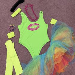 New Large 80s Neon Festival Rave Costume Bodysuit Tutu Accessories 