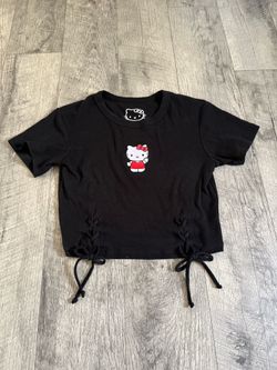 Hello Kitty: Black Embroidered Lace-Up Sides Crew Neck Crop Knit Tee, Size S