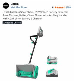 Litheli Cordless Snow Shovel, 20V 12-Inch Battery Powered Snow Thrower, Battery Snow Blower with Auxiliary Handle, with 4.0Ah Li-ion Battery & Charger