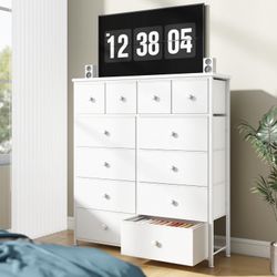 Dresser for Bedroom with 12 Drawers, Fabric Dressers & Chest of Drawers with Sturdy Metal Frame, Wood Top, for Woman, 40.6" W x 11.8" D x 44.5" H (Whi