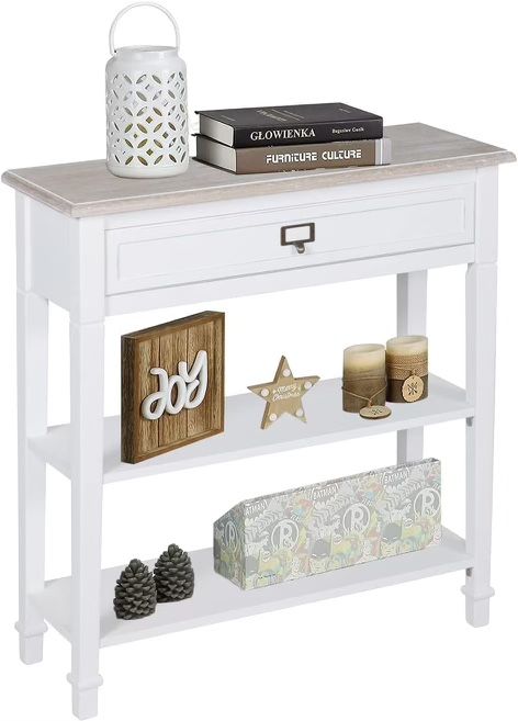Wood Console Table for Entryway with Drawer and Storage Shelf Entryway Table Living Room, White