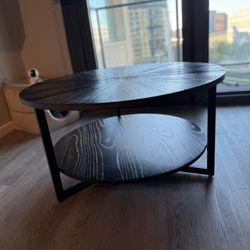 Modern Round Coffee Table – Black Metal Frame + Storage Shelf