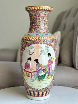 Rose Medallion Style Large Porcelain Vintage Vase Pink Gold Floral Chinoiserie Statement Decor Boho