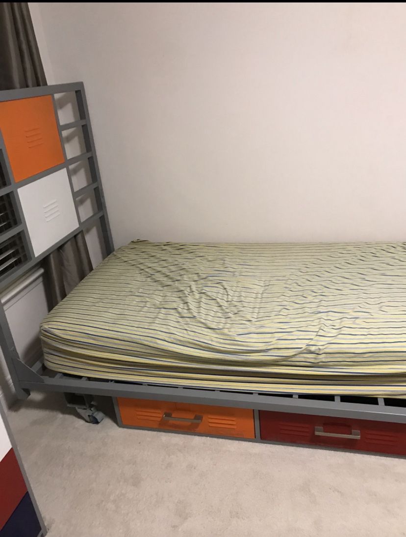 Twin Bed with Headboard and Storage Drawers Industrial Locker Style Metal