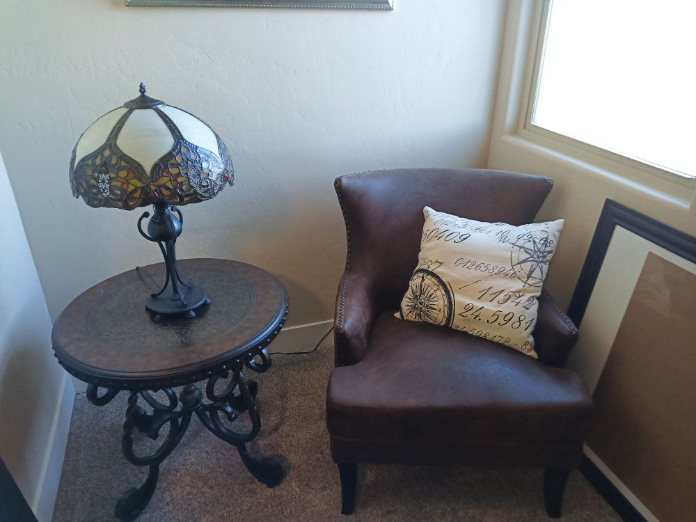 Leather Chair Table And Lamp