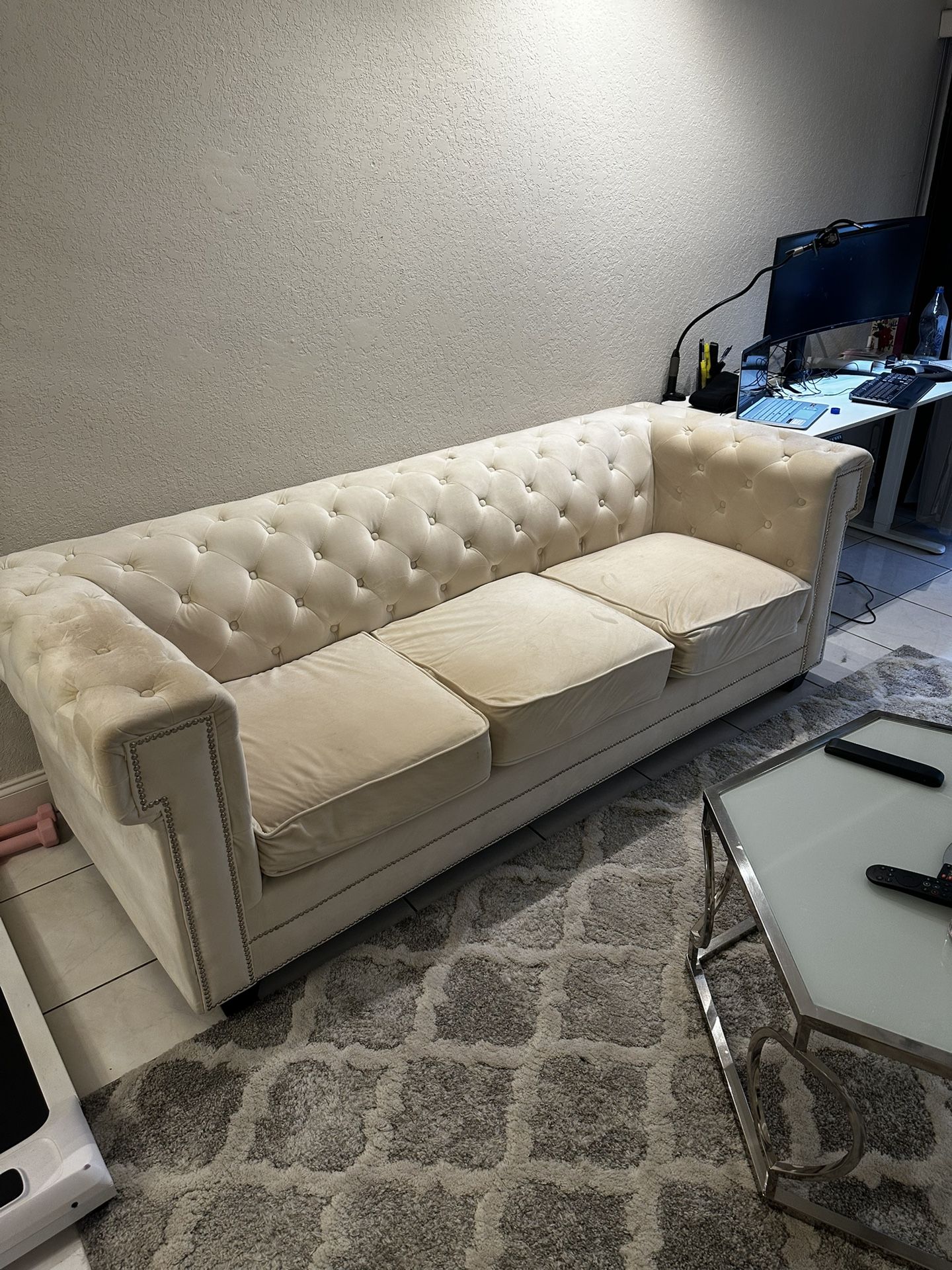 Cream Velvet Tufted Sofa