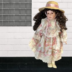 Vintage 20” Porcelain Doll Dark Brown Ringlet Curls Straw Hat Pink Floral Dress