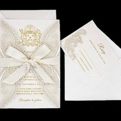 25-Pack Ivory Laser Cut Lace Wedding Invitations with RSVP Cards and Ribbon Bow