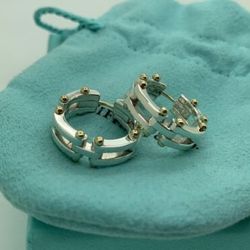 Tiffany Co Sterling Silver 18K Gold GateLink Hoops Earrings