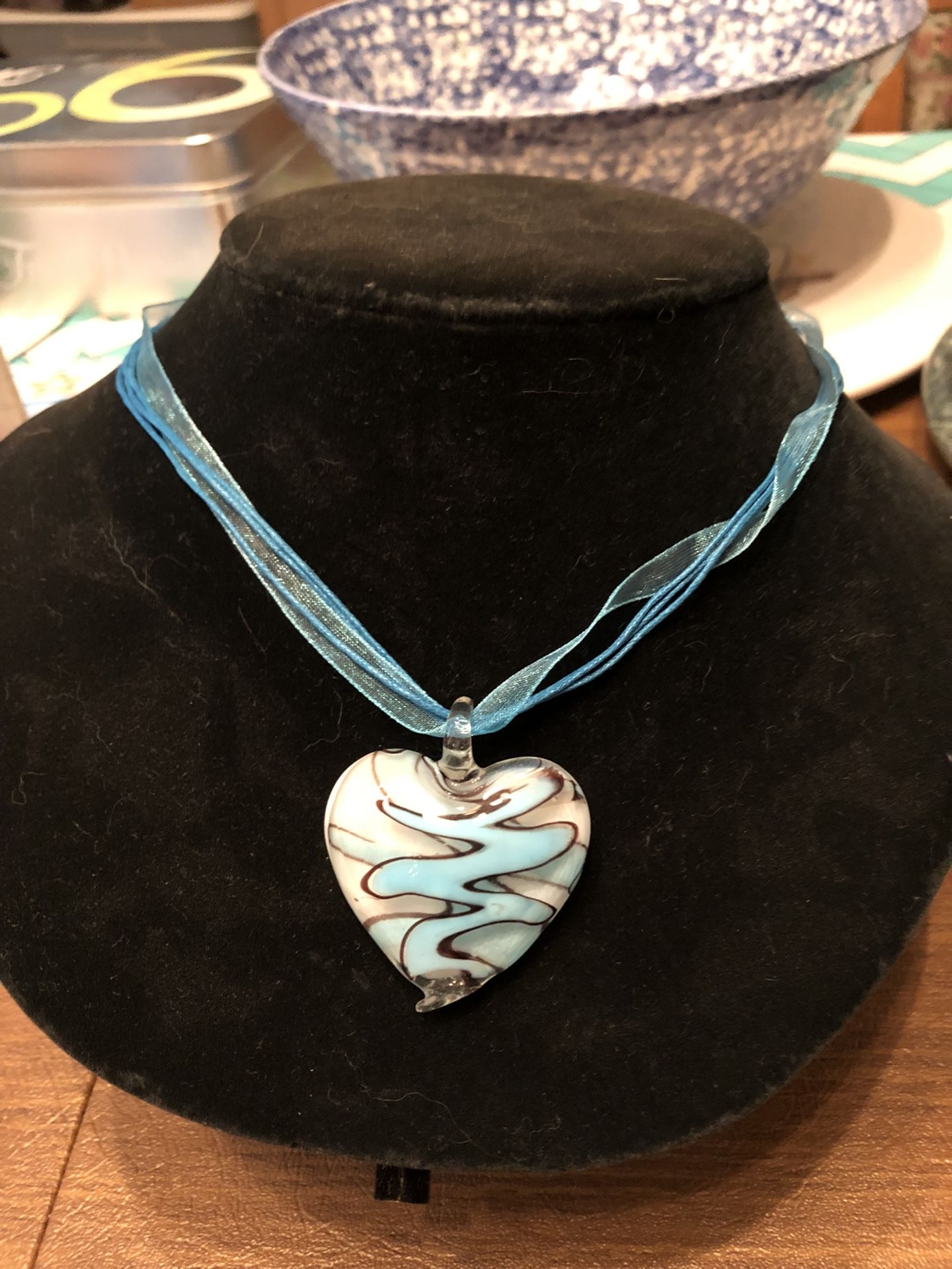 Light Blue Glass Heart Bead Necklace 