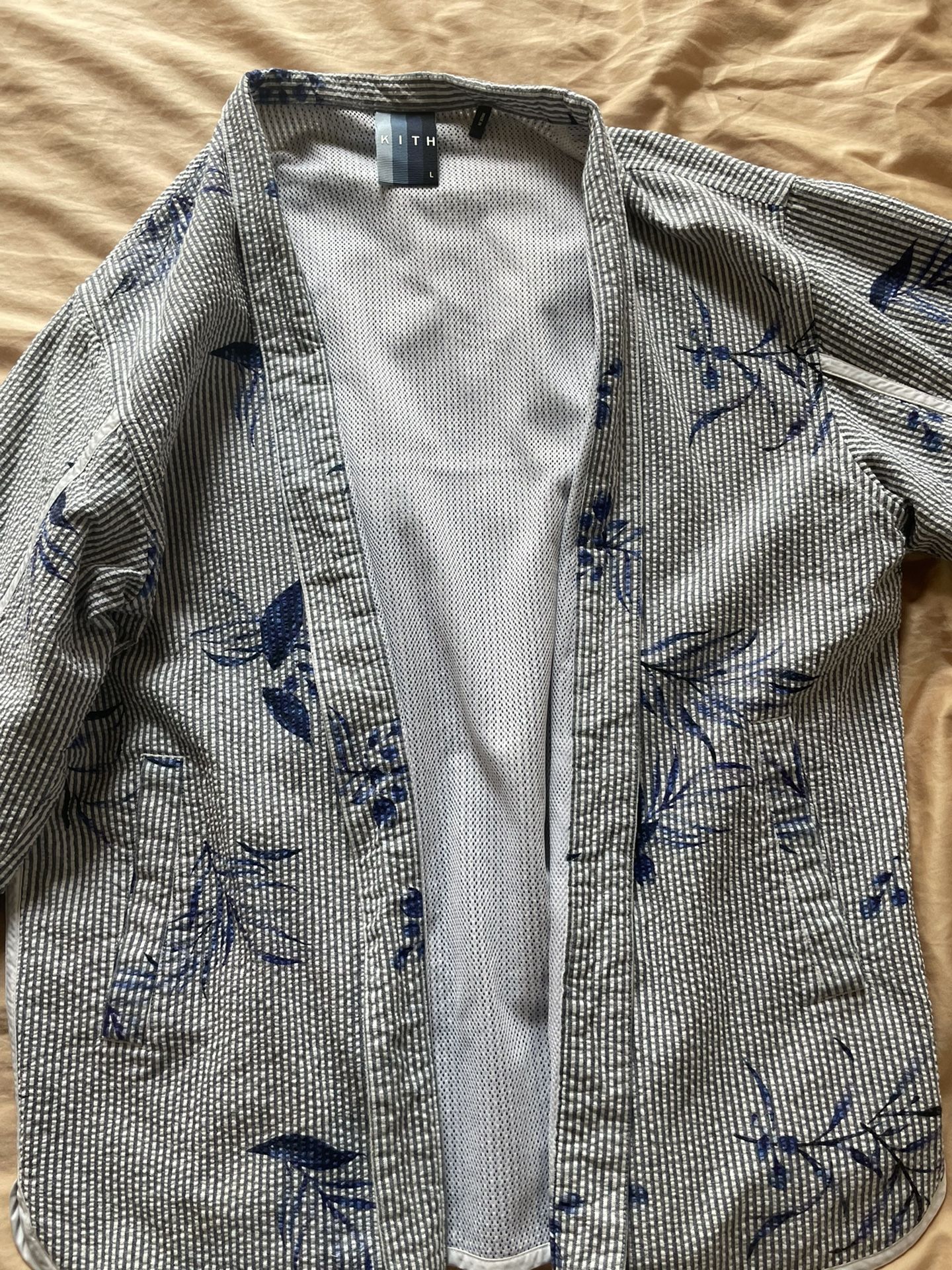 Kith Blue Floral Print Seersucker Kimono Jacket Large for