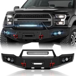 Front Bumper Compatible with 2018 2019 2020 Ford F150 (Excluding Raptor) Heavy Duty Pickup Truck Bumper with Winch Plate, Sensor Holes, 5 x LED Lights