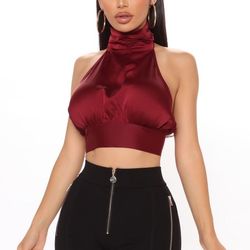 X-Large Burgundy Satin Halter Crop Top